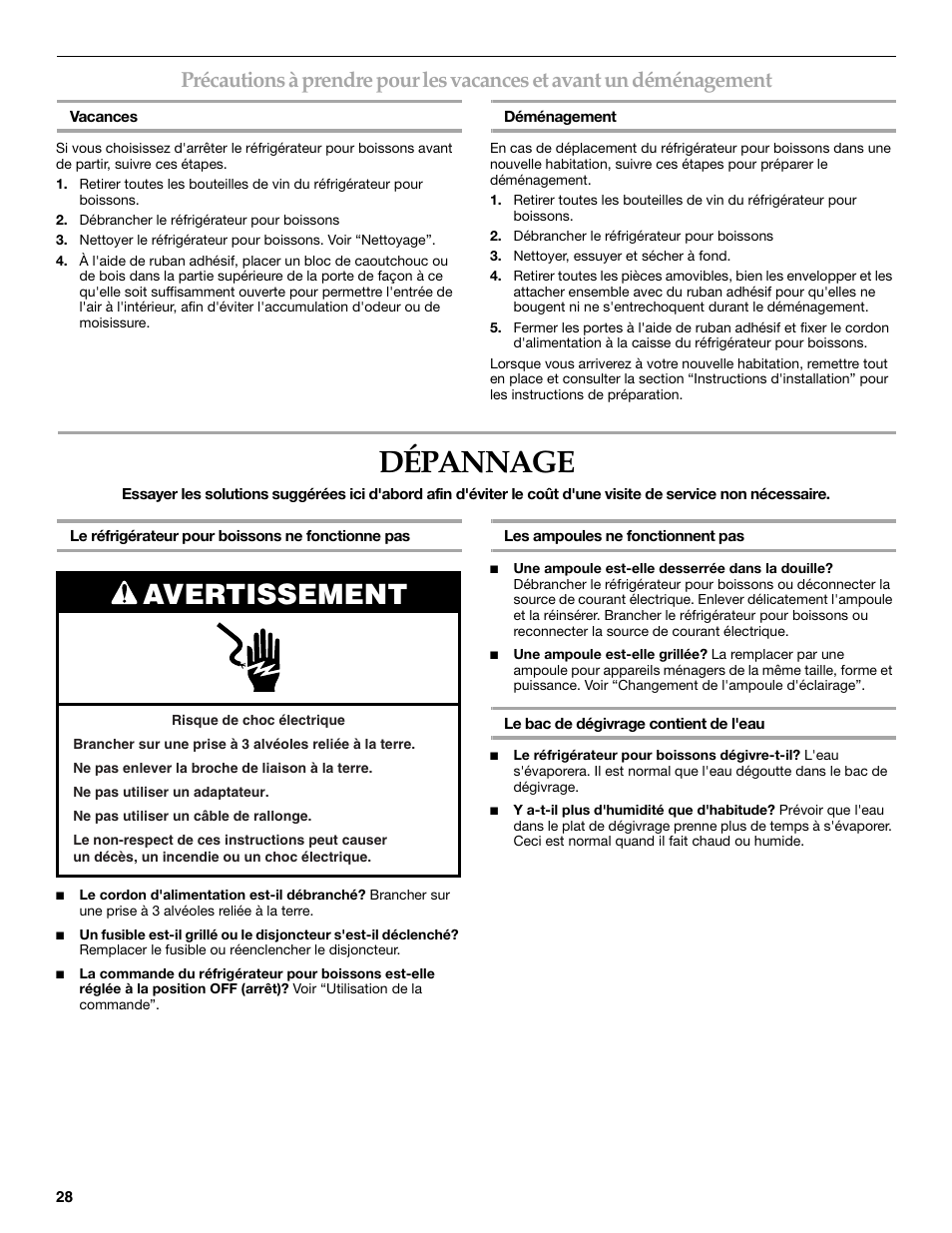 Dépannage, Avertissement | KITCHENAID BEVERAGECENTER User Manual | Page 28 / 32