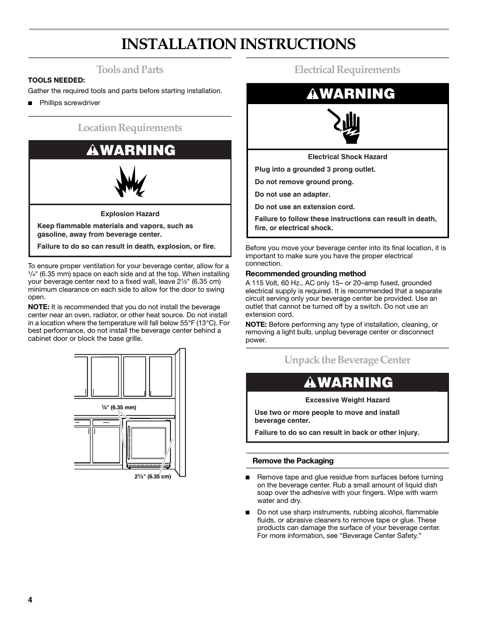 Installation instructions, Warning, Tools and parts | Location requirements, Electrical requirements, Unpack the beverage center | KITCHENAID BEVERAGECENTER User Manual | Page 4 / 32