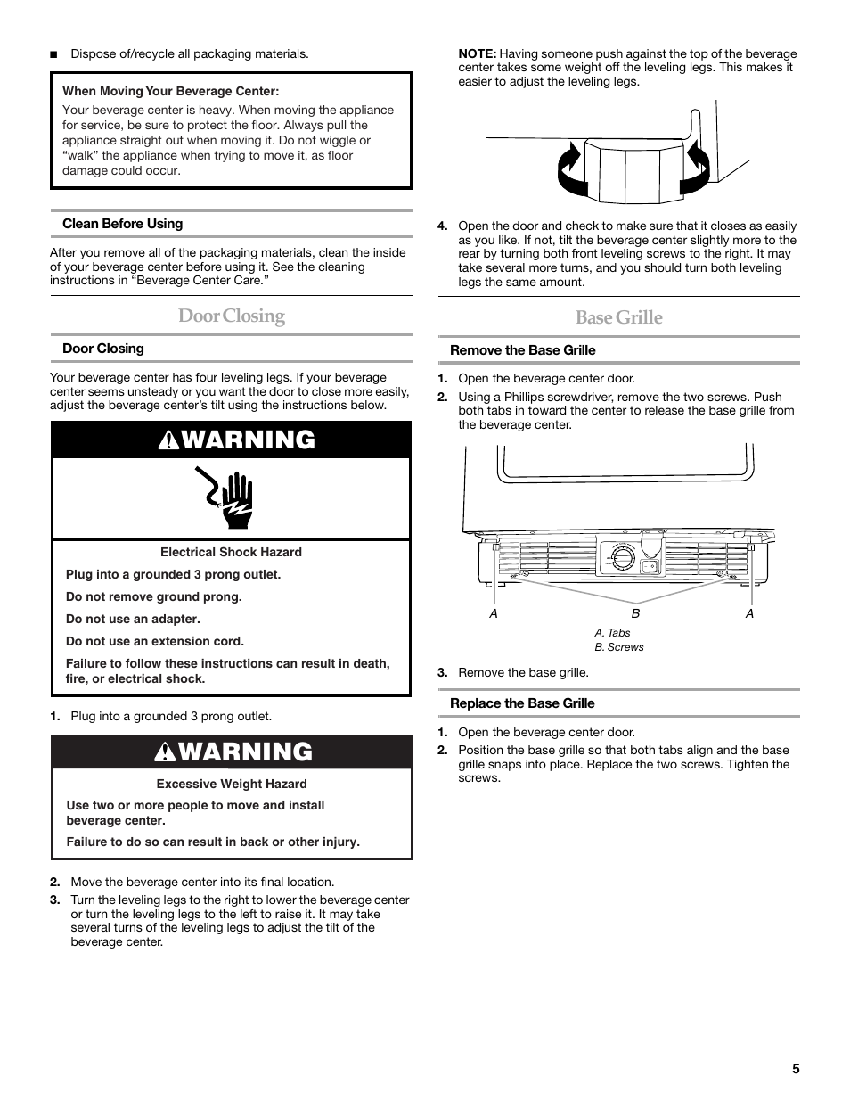 Warning, Door closing, Base grille | KITCHENAID BEVERAGECENTER User Manual | Page 5 / 32