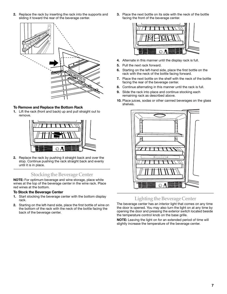 Stocking the beverage center, Lighting the beverage center | KITCHENAID BEVERAGECENTER User Manual | Page 7 / 32