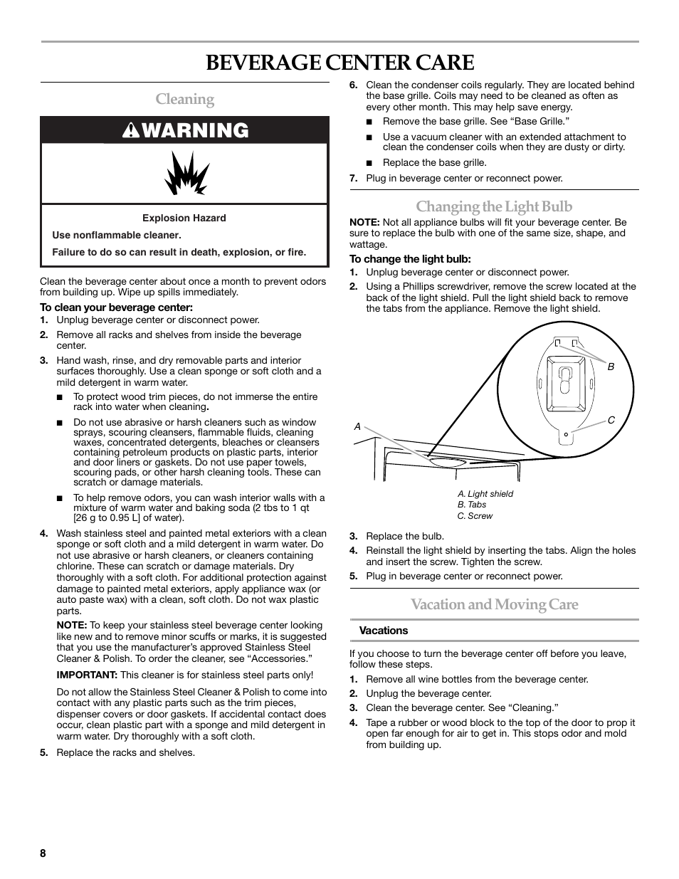 Beverage center care, Warning, Cleaning | Changing the light bulb, Vacation and moving care | KITCHENAID BEVERAGECENTER User Manual | Page 8 / 32