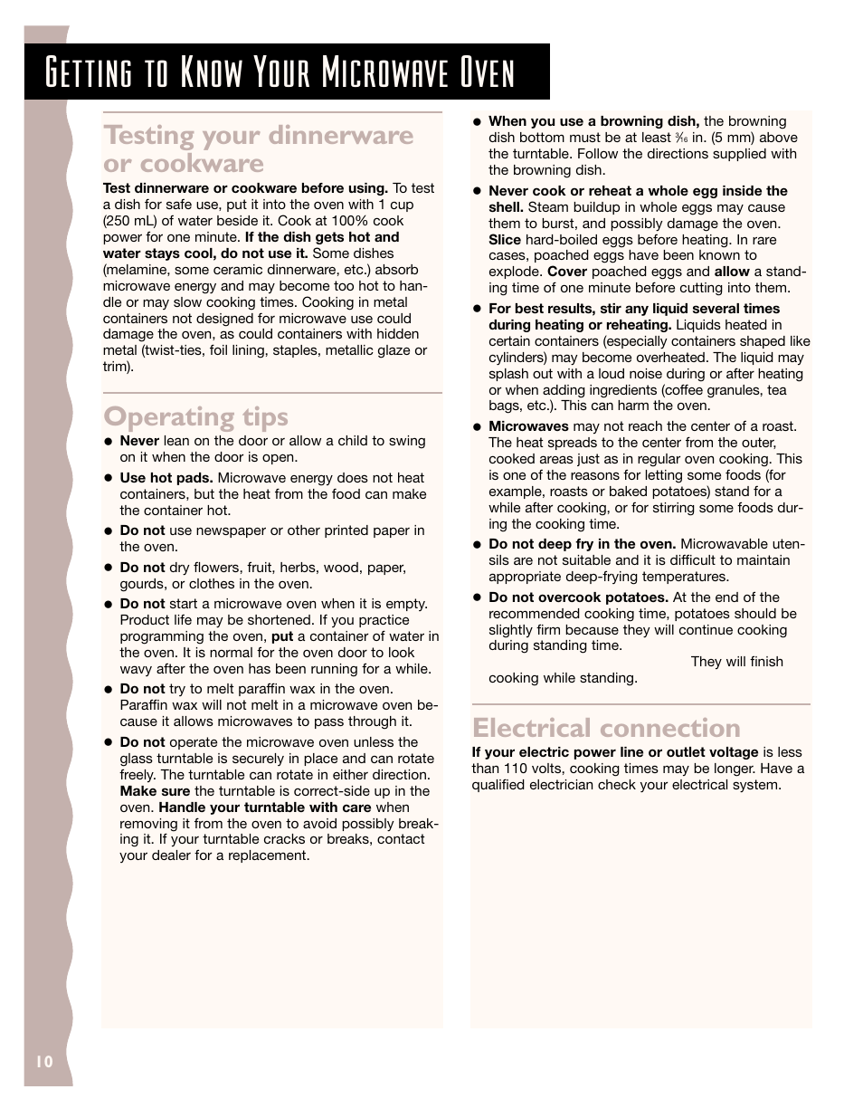 Testing your dinnerware or cookware, Operating tips, Electrical connection | Getting to know your microwave oven | KITCHENAID KCMC155J User Manual | Page 10 / 64