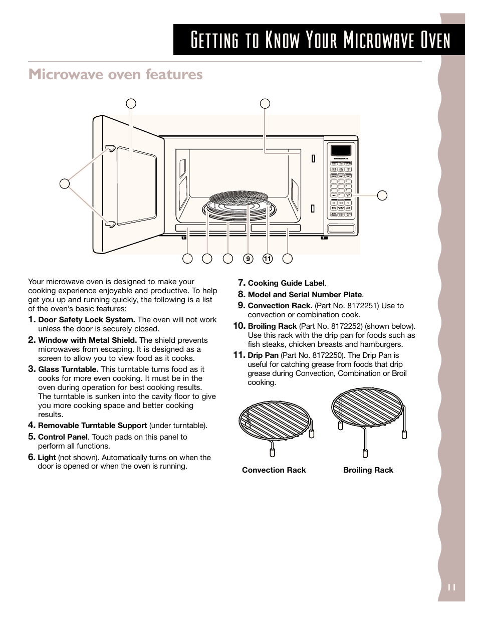 Microwave oven features, Getting to know your microwave oven | KITCHENAID KCMC155J User Manual | Page 11 / 64