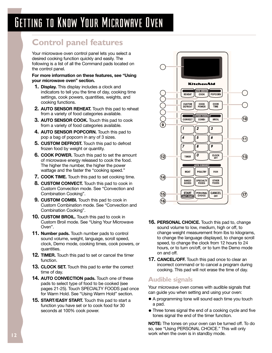 Control panel features, Getting to know your microwave oven, Audible signals | KITCHENAID KCMC155J User Manual | Page 12 / 64