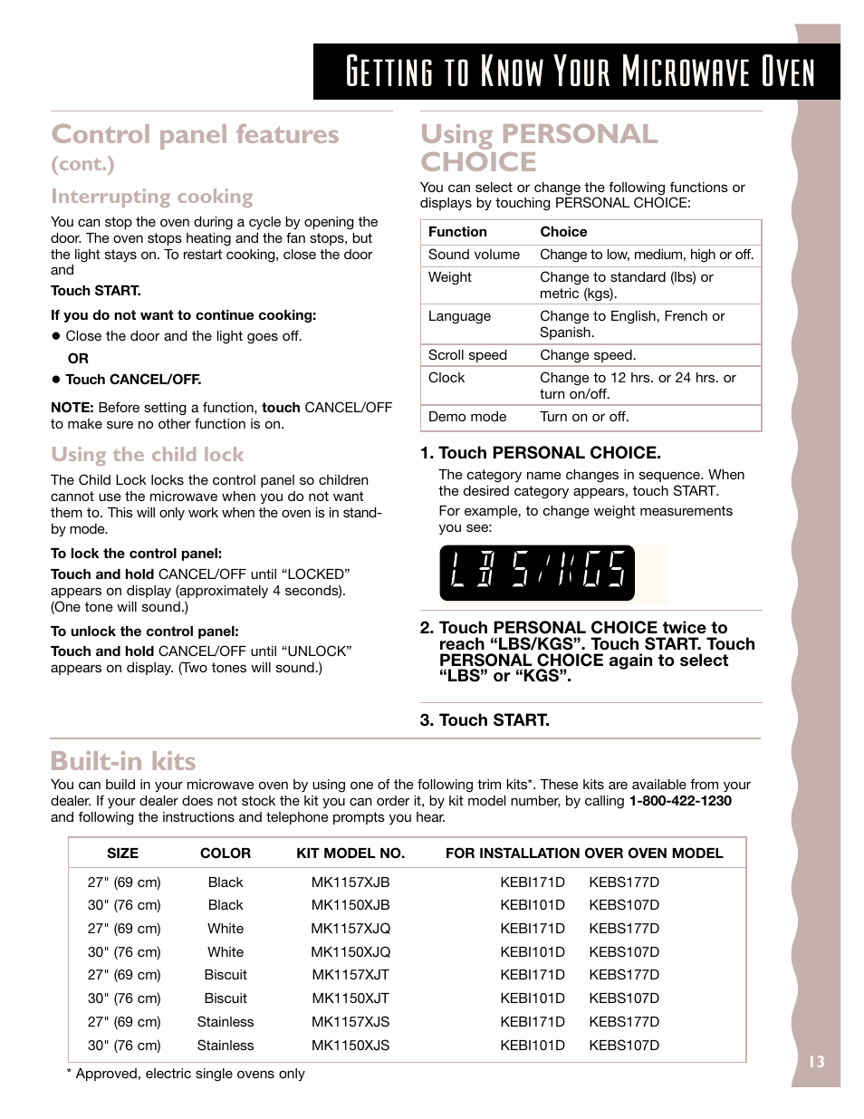 Control panel features, Built-in kits, Using personal choice | Getting to know your microwave oven, Cont.) interrupting cooking, Using the child lock | KITCHENAID KCMC155J User Manual | Page 13 / 64