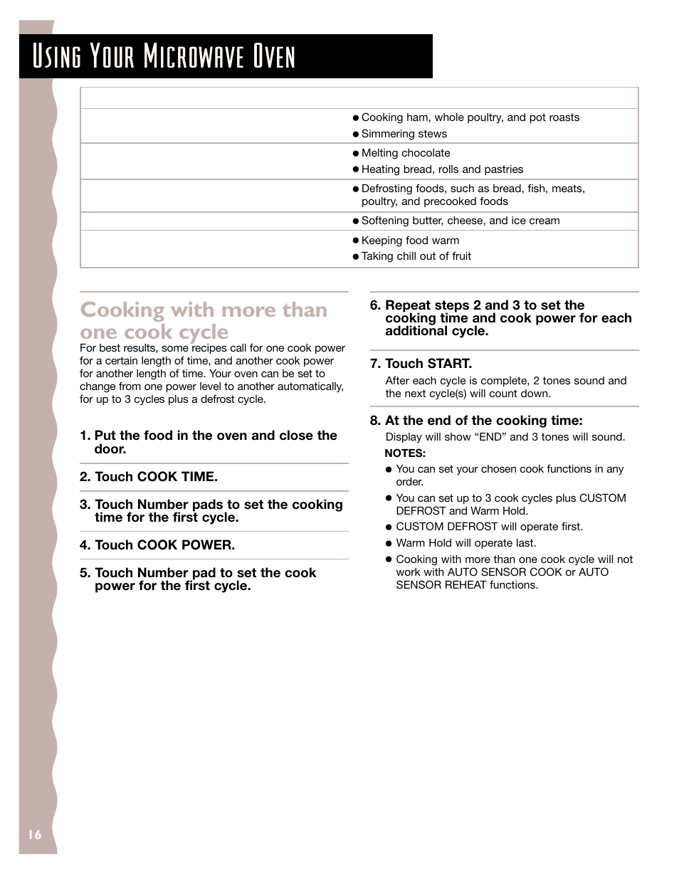 Using your microwave oven, Cooking with more than one cook cycle | KITCHENAID KCMC155J User Manual | Page 16 / 64