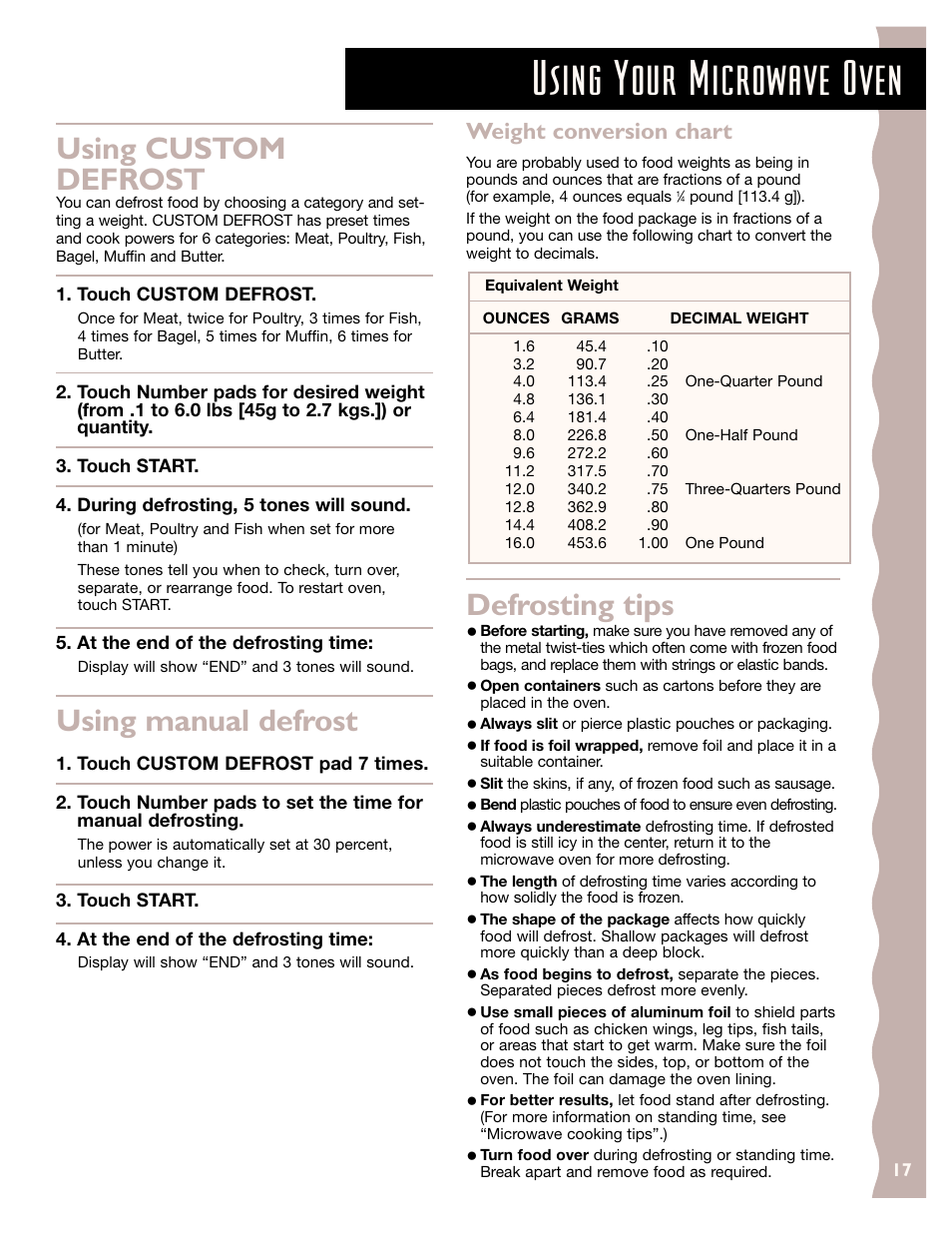 Using your microwave oven, Using custom defrost, Using manual defrost | Defrosting tips, Weight conversion chart | KITCHENAID KCMC155J User Manual | Page 17 / 64