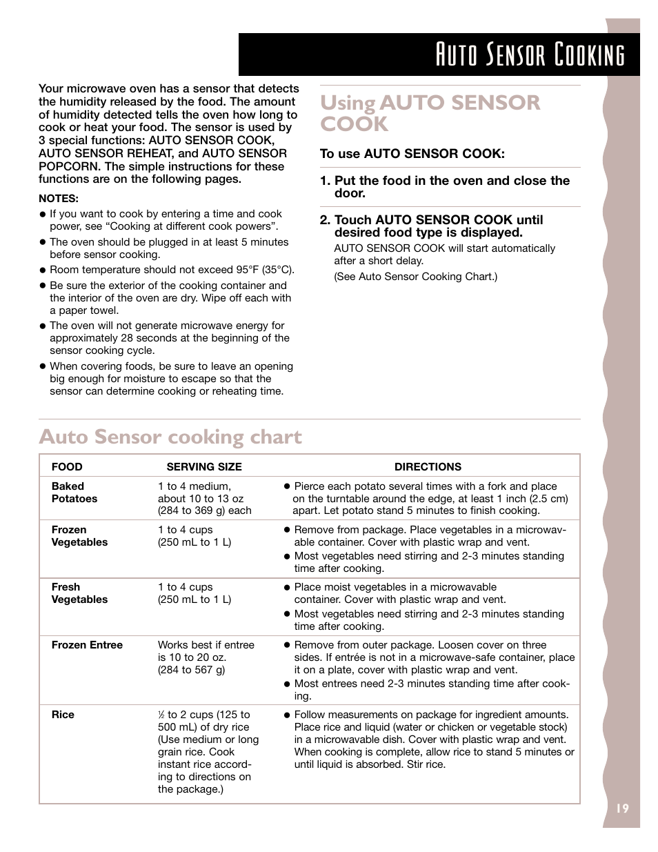Auto sensor cooking, Using auto sensor cook, Auto sensor cooking chart | KITCHENAID KCMC155J User Manual | Page 19 / 64