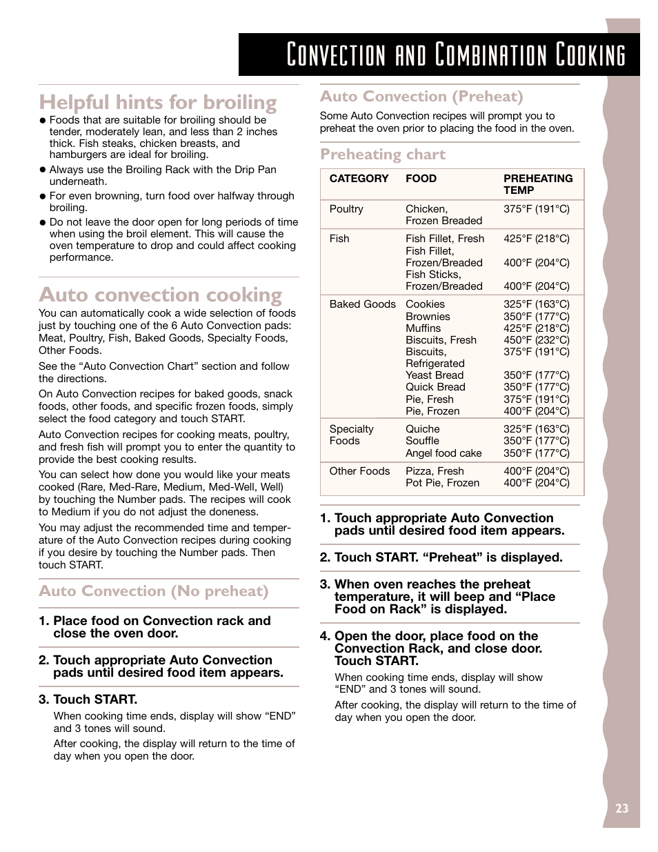Helpful hints for broiling, Auto convection cooking, Convection and combination cooking | Auto convection (no preheat), Auto convection (preheat), Preheating chart | KITCHENAID KCMC155J User Manual | Page 23 / 64