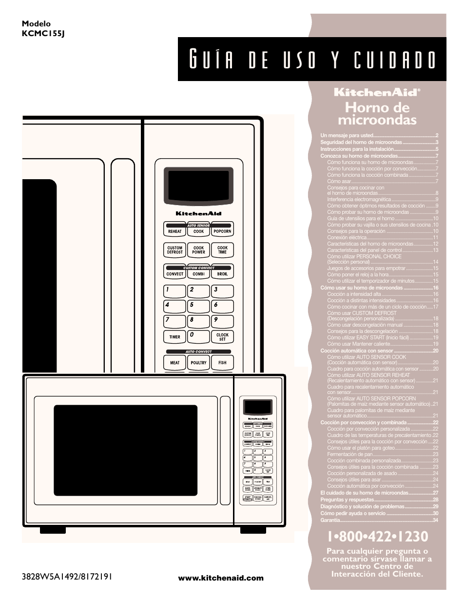 Spanish version, Horno de microondas | KITCHENAID KCMC155J User Manual | Page 31 / 64