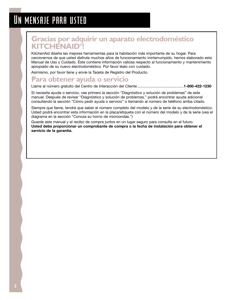Un mensaje para usted, Para obtener ayuda o servicio | KITCHENAID KCMC155J User Manual | Page 32 / 64