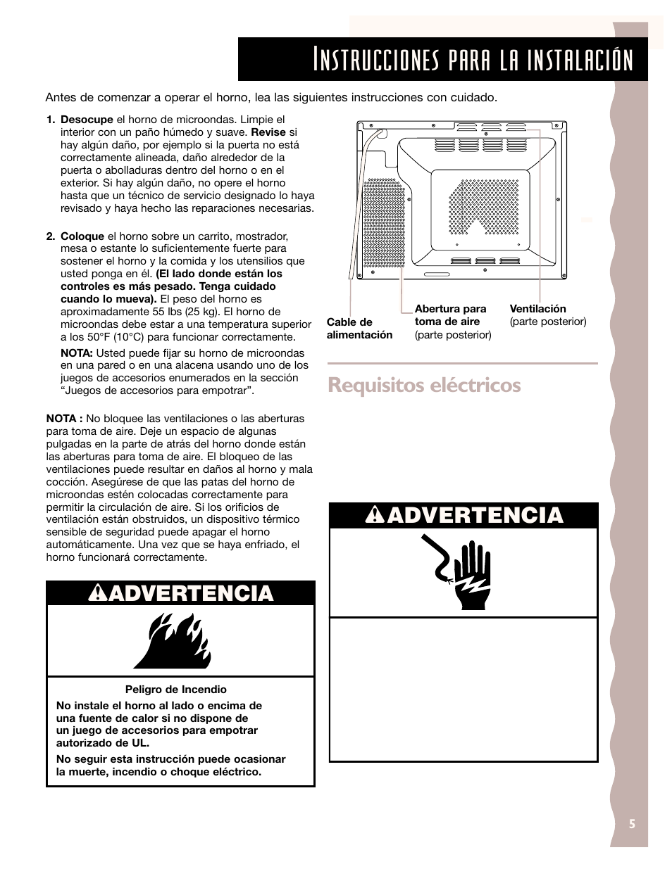 Instrucciones para la instalación, Wadvertencia, Requisitos eléctricos w advertencia | KITCHENAID KCMC155J User Manual | Page 35 / 64