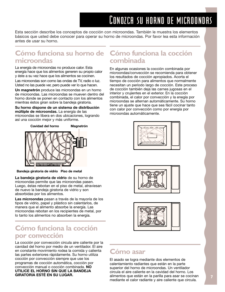 Conozca su horno de microondas, Cómo funciona la cocción combinada, Cómo asar | Cómo funciona su horno de microondas, Cómo funciona la cocción por convección | KITCHENAID KCMC155J User Manual | Page 37 / 64