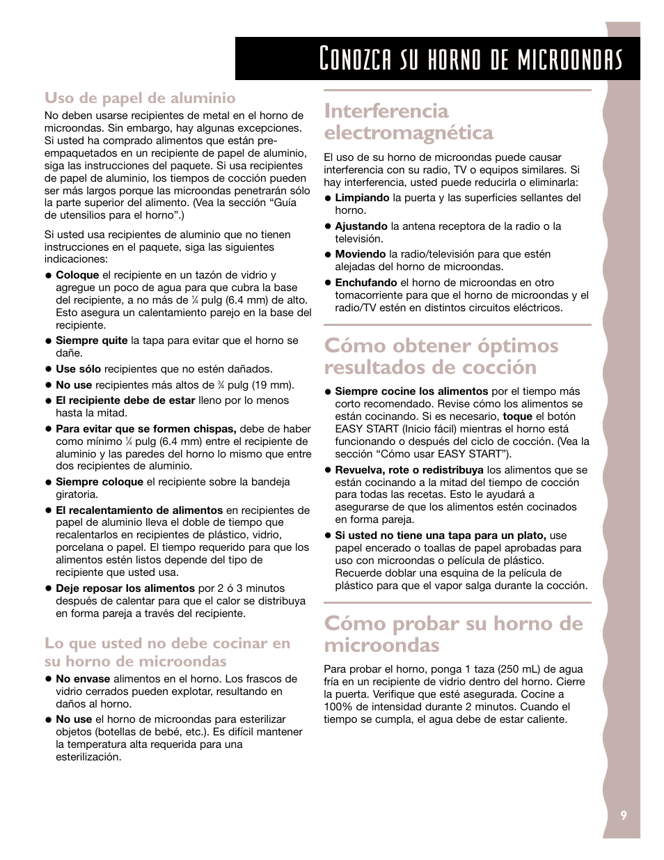 Conozca su horno de microondas, Interferencia electromagnética, Cómo obtener óptimos resultados de cocción | Cómo probar su horno de microondas, Uso de papel de aluminio | KITCHENAID KCMC155J User Manual | Page 39 / 64