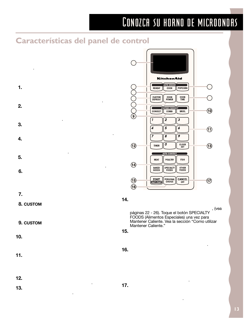 Conozca su horno de microondas, Características del panel de control | KITCHENAID KCMC155J User Manual | Page 43 / 64