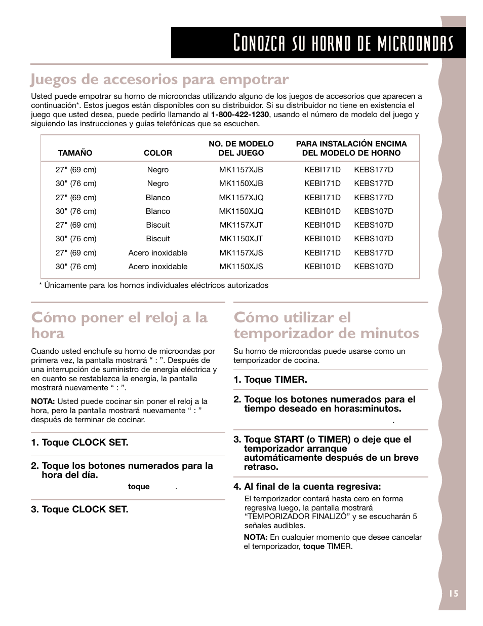 Conozca su horno de microondas, Cómo poner el reloj a la hora, Cómo utilizar el temporizador de minutos | Juegos de accesorios para empotrar | KITCHENAID KCMC155J User Manual | Page 45 / 64