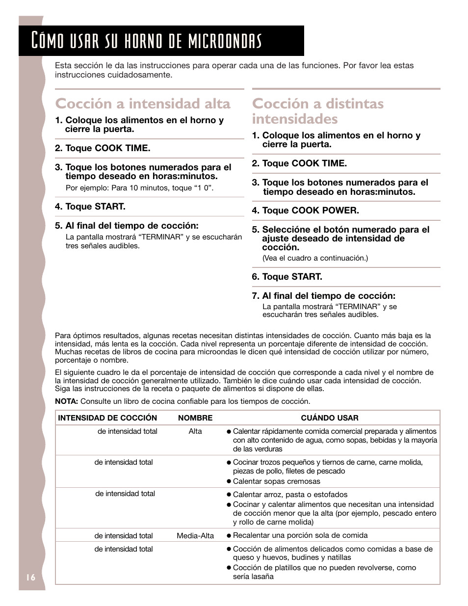 Cómo usar su horno de microondas, Cocción a intensidad alta, Cocción a distintas intensidades | KITCHENAID KCMC155J User Manual | Page 46 / 64