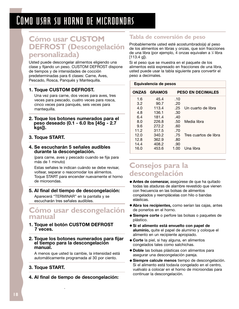 Cómo usar su horno de microondas, Cómo usar descongelación manual, Consejos para la descongelación | Tabla de conversión de peso | KITCHENAID KCMC155J User Manual | Page 48 / 64