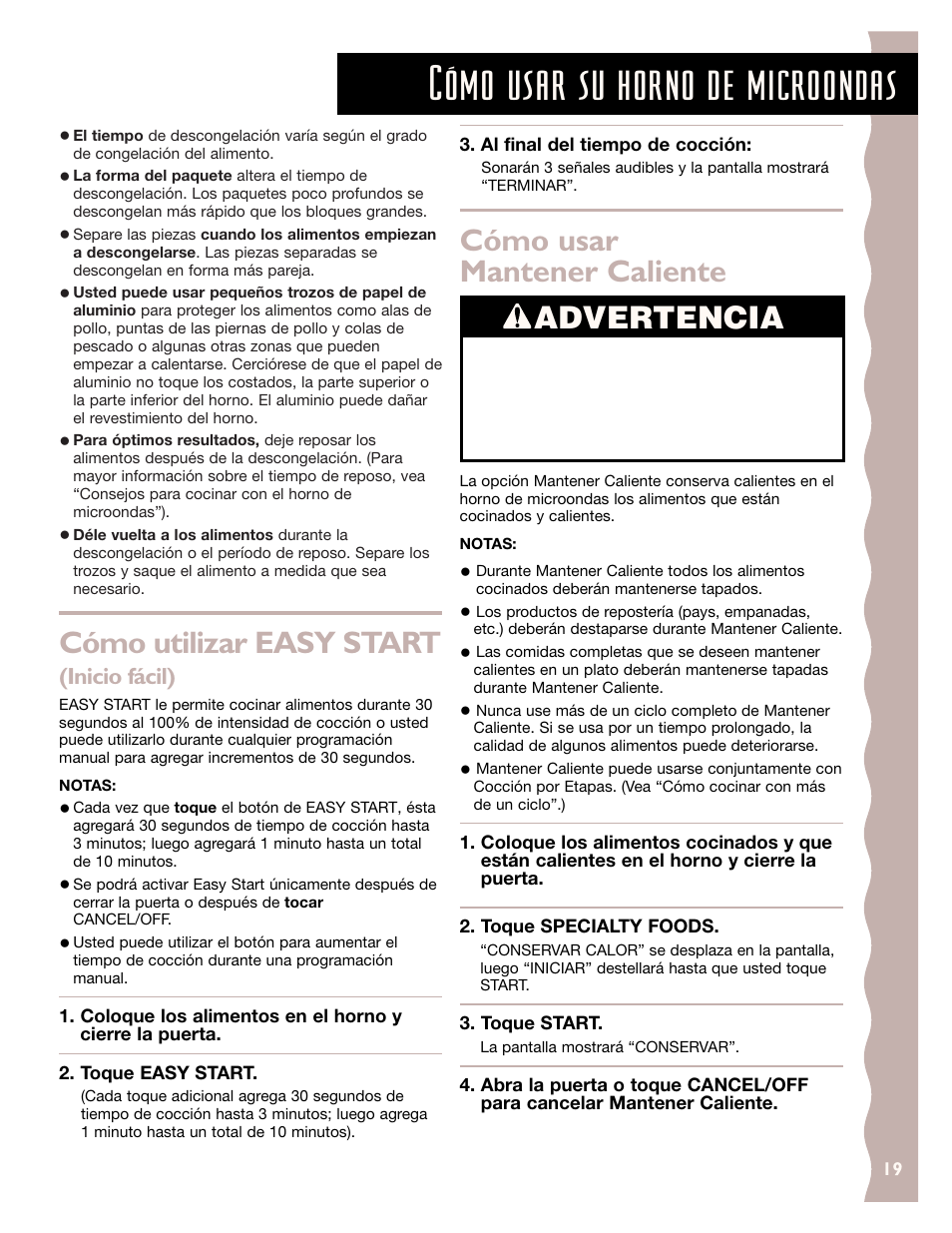 Cómo usar su horno de microondas, Cómo utilizar easy start, Cómo usar mantener caliente | Advertencia, Inicio fácil) | KITCHENAID KCMC155J User Manual | Page 49 / 64