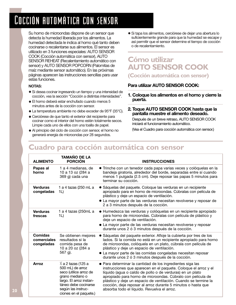 Cocción automática con sensor, Cómo utilizar auto sensor cook, Cuadro para cocción automática con sensor | Cocción automática con sensor) | KITCHENAID KCMC155J User Manual | Page 50 / 64