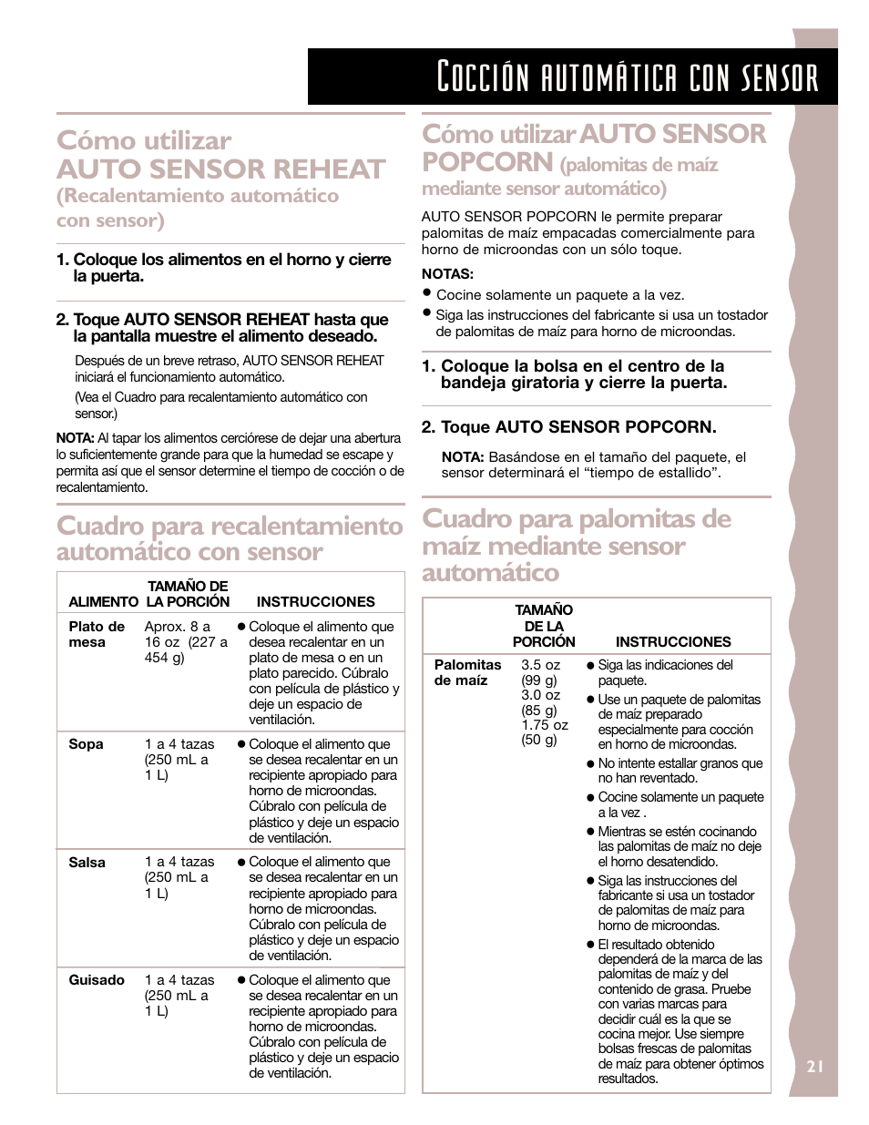 Cocci´ón automática con sensor, Cómo utilizar auto sensor popcorn, Cómo utilizar auto sensor reheat | Palomitas de maíz mediante sensor automático), Recalentamiento automático con sensor) | KITCHENAID KCMC155J User Manual | Page 51 / 64