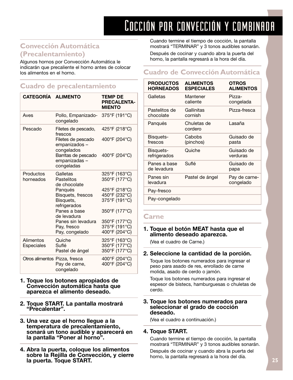 Cocción por convección y combinada, Convección automática (precalentamiento), Cuadro de precalentamiento | Cuadro de convección automática carne | KITCHENAID KCMC155J User Manual | Page 55 / 64