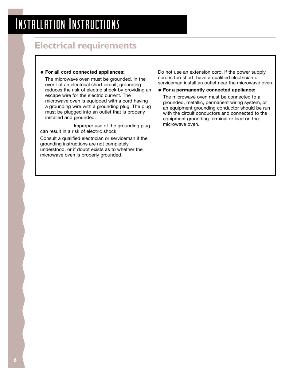 Installation instructions, Electrical requirements, Grounding instructions | Save these instructions | KITCHENAID KCMC155J User Manual | Page 6 / 64