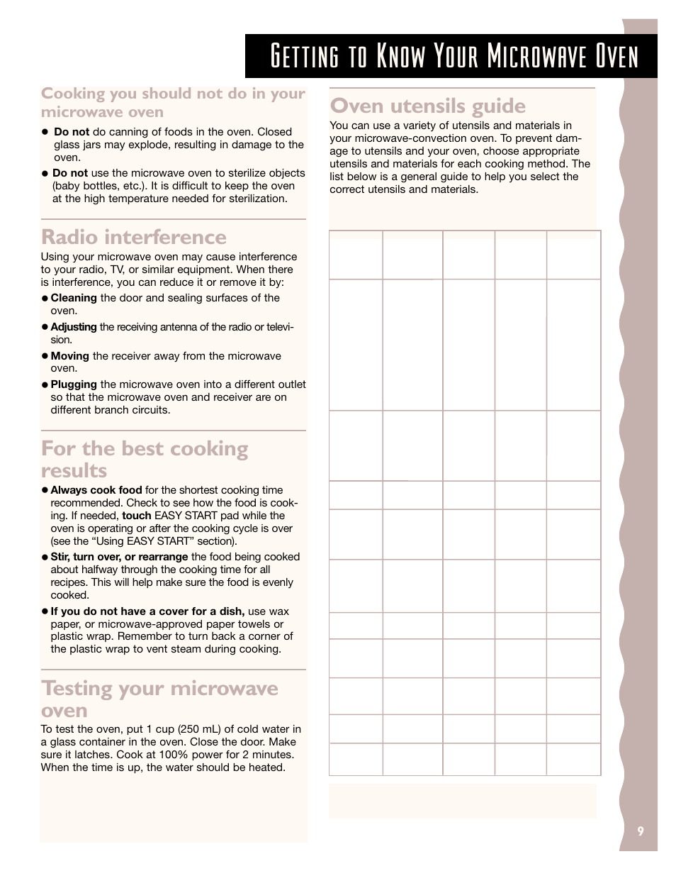 Radio interference, For the best cooking results, Testing your microwave oven | Oven utensils guide, Getting to know your microwave oven, Cooking you should not do in your microwave oven | KITCHENAID KCMC155J User Manual | Page 9 / 64