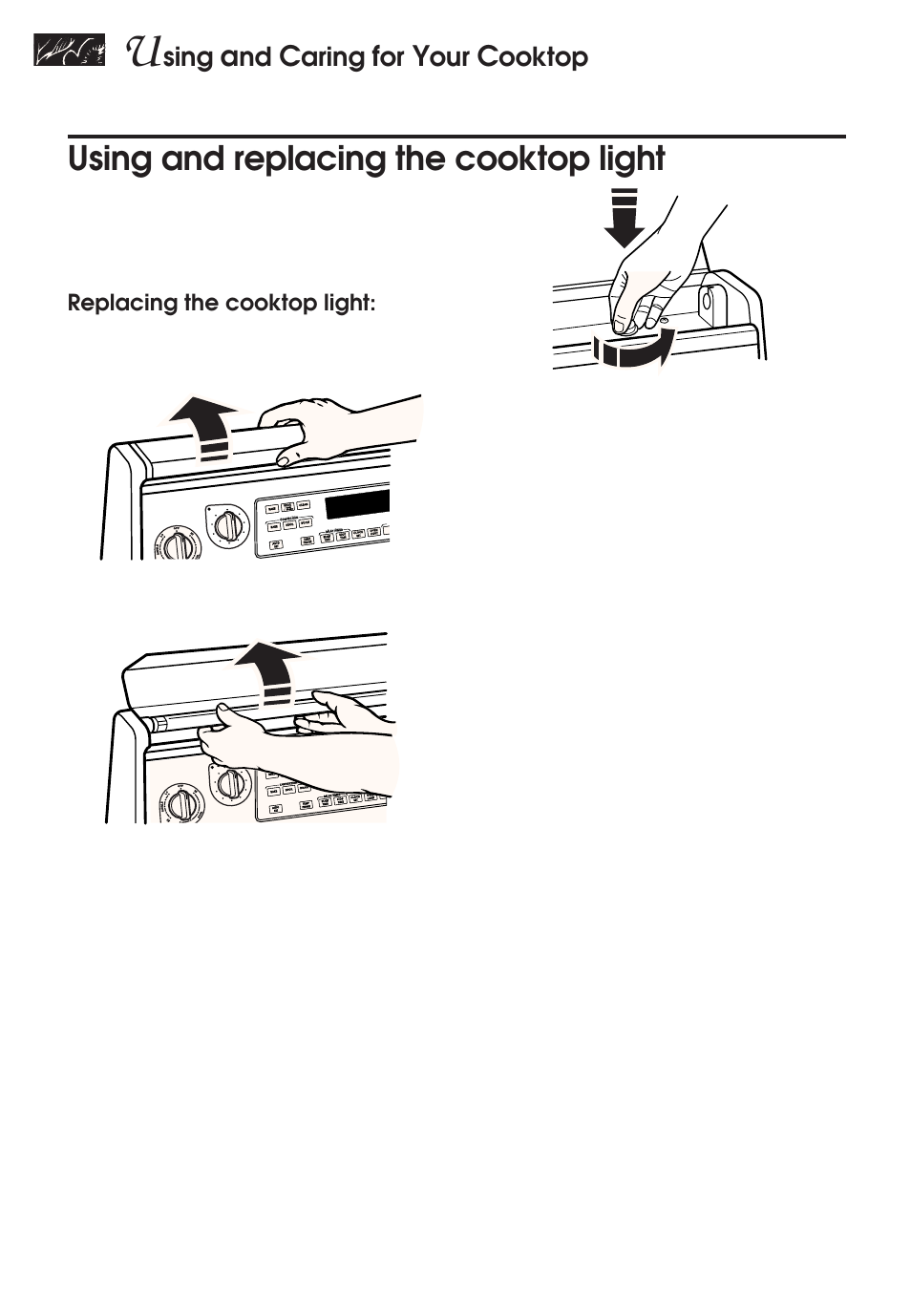 Using and replacing the cooktop light, Sing, Aring | Ooktop, Replacing the cooktop light, Delay clean dehyd timed locked rotis, Min hr, Delay clean dehyd timed timed locked rotis | KITCHENAID KERH507 User Manual | Page 14 / 54