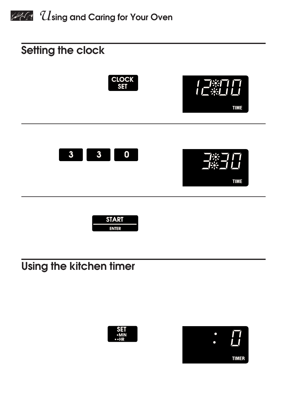 Setting the clock, Using the kitchen timer, Sing | Aring | KITCHENAID KERH507 User Manual | Page 18 / 54