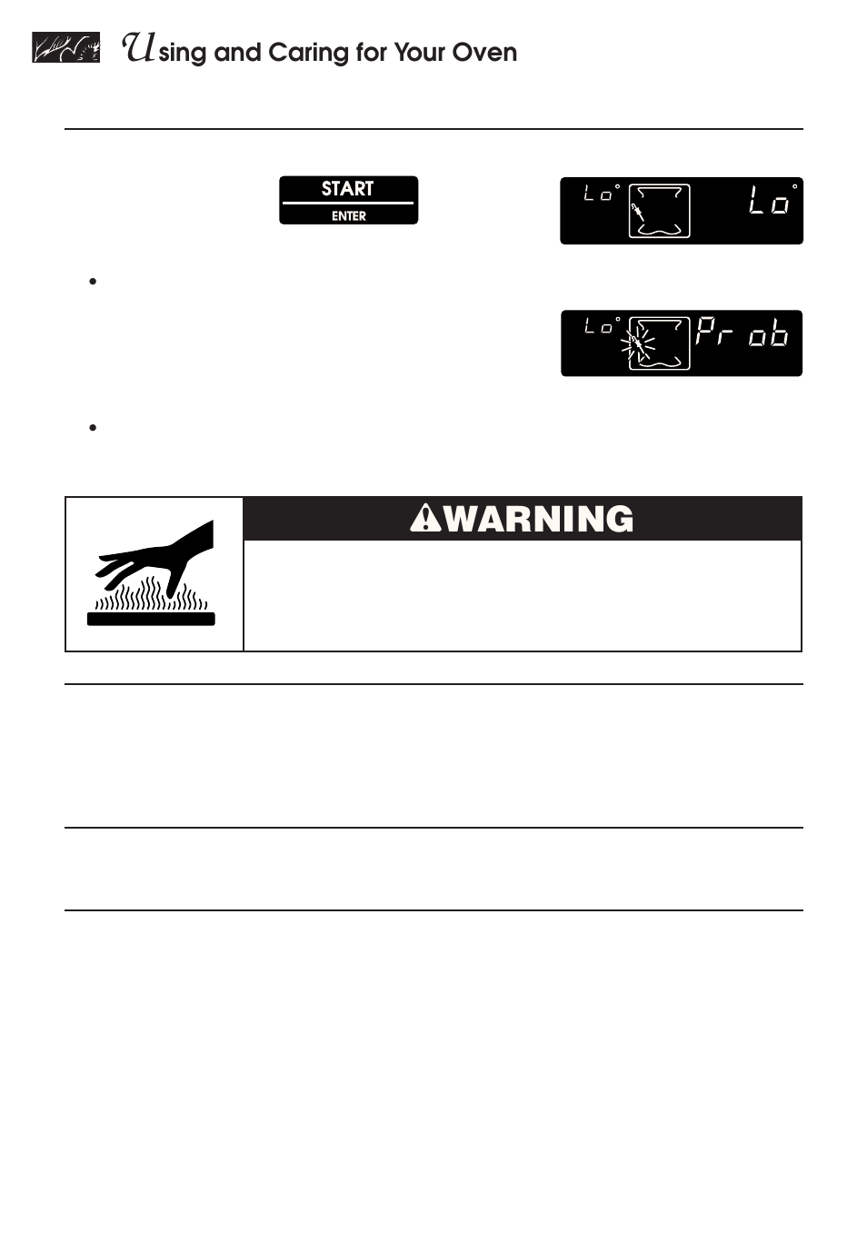 Wwarning, Sing and caring for your oven, Start oven | After cooking, unplug probe, Remove food from oven, Clean probe, Start, Example for bake | KITCHENAID KERH507 User Manual | Page 26 / 54