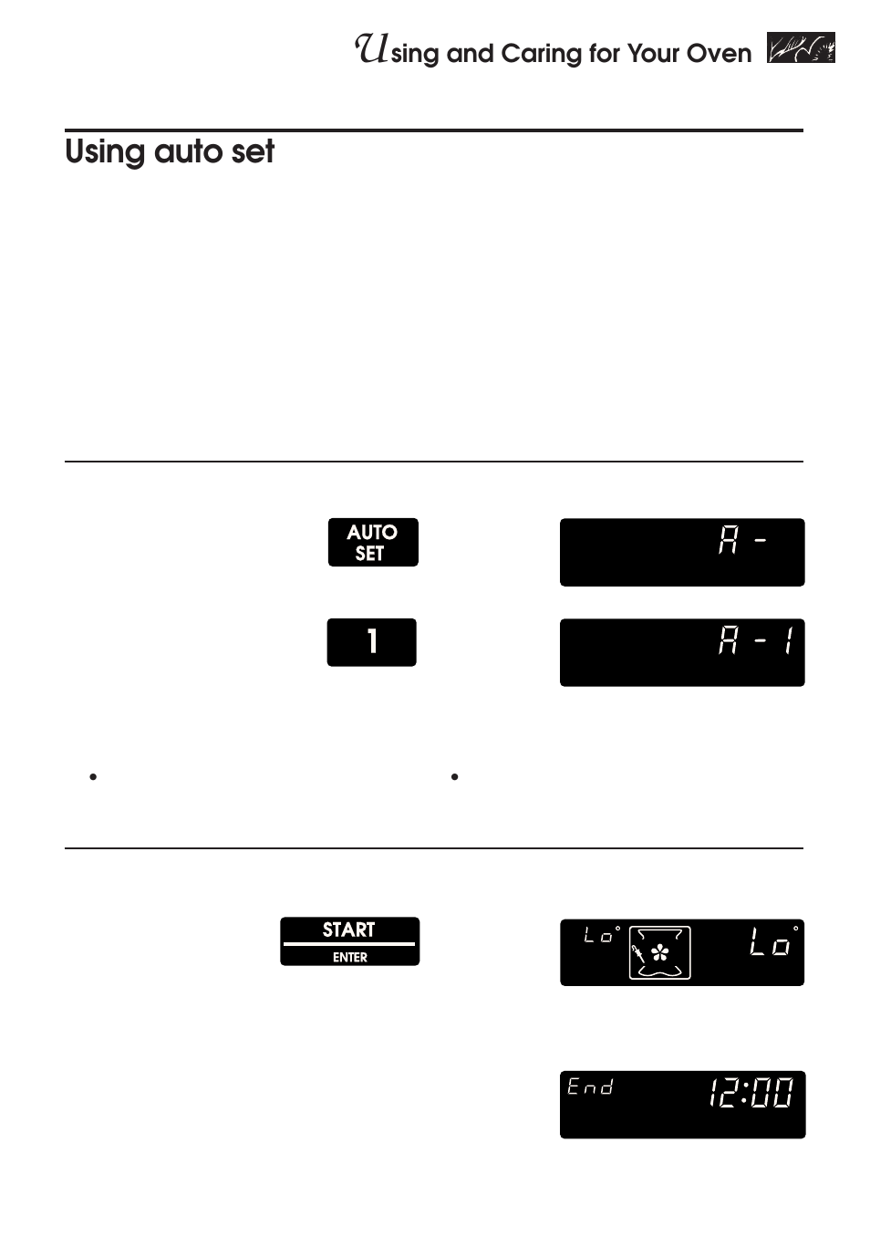 Using auto set, Sing and caring for your oven, Place food in cold oven | Set auto set cycle, Start oven, Auto set, Start, Example, Press press desired number pad, You see | KITCHENAID KERH507 User Manual | Page 27 / 54