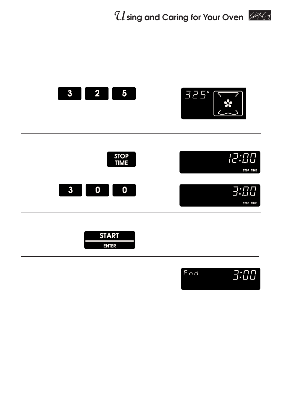 Sing and caring for your oven, Set temperature (optional), Set stop time | Start, Start oven, Example, Stop time | KITCHENAID KERH507 User Manual | Page 35 / 54