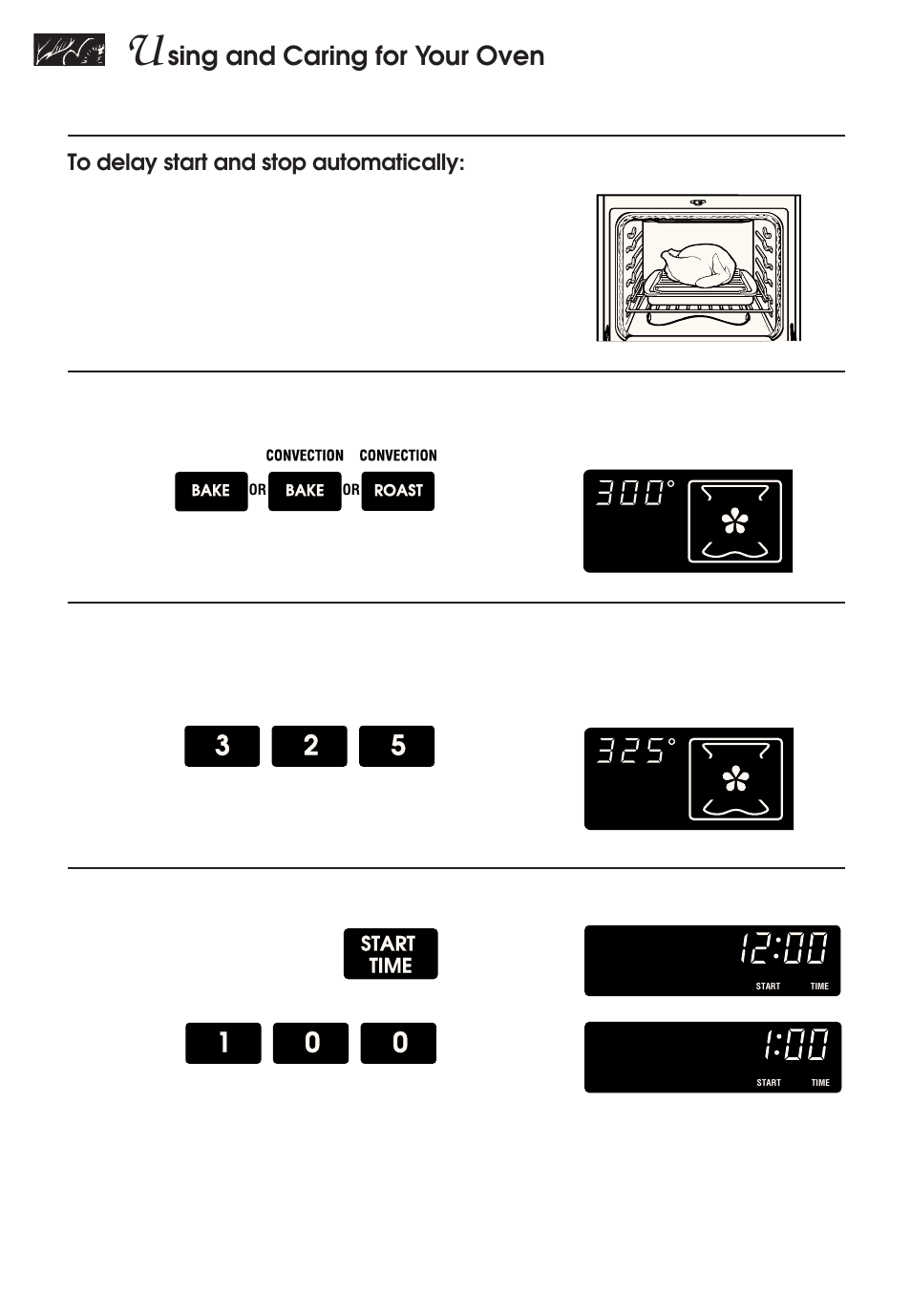 Sing and caring for your oven, Choose setting, Set temperature (optional) | Set start time, Start time, Example, For convection roast | KITCHENAID KERH507 User Manual | Page 36 / 54