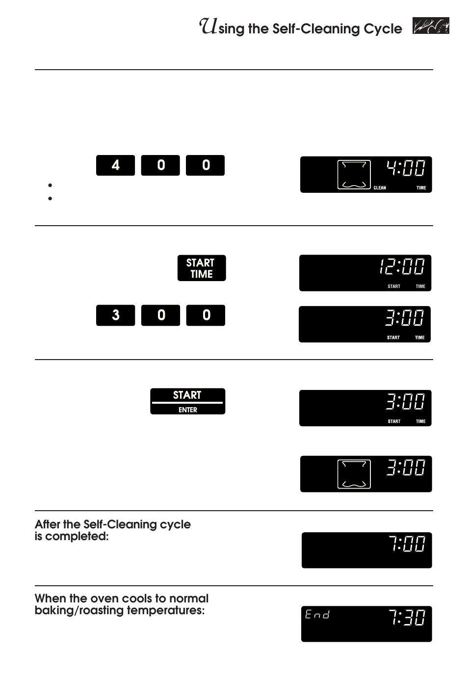 Sing the self-cleaning cycle, Set clean time (optional), Set start time | Complete entry, Start, Start time, Example, Press, You see, You see (time of day) | KITCHENAID KERH507 User Manual | Page 49 / 54