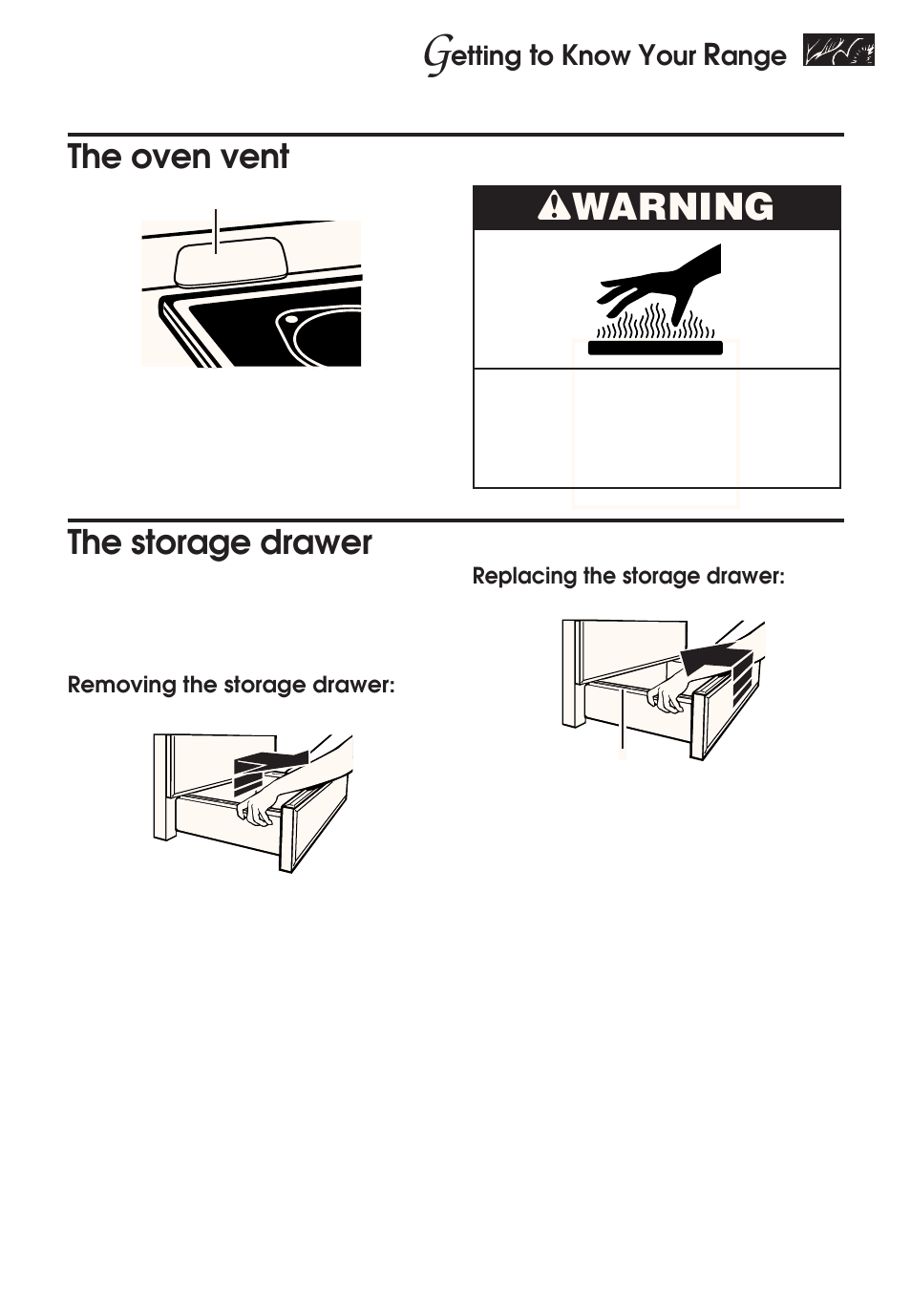 Wwarning, The oven vent, The storage drawer | KITCHENAID KERH507 User Manual | Page 7 / 54