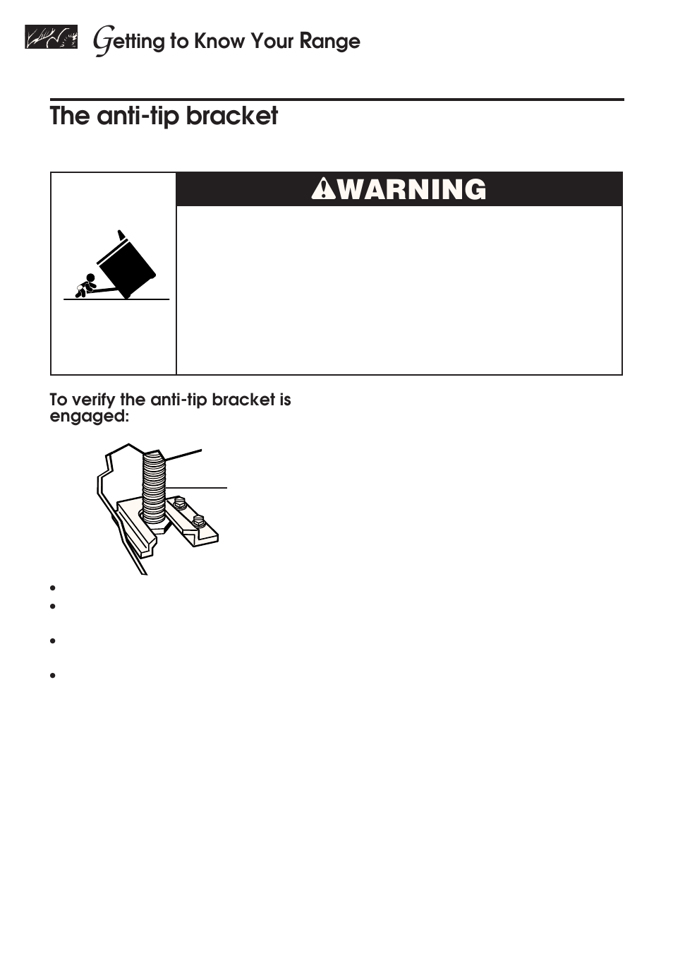 Wwarning, The anti-tip bracket | KITCHENAID KERH507 User Manual | Page 8 / 54