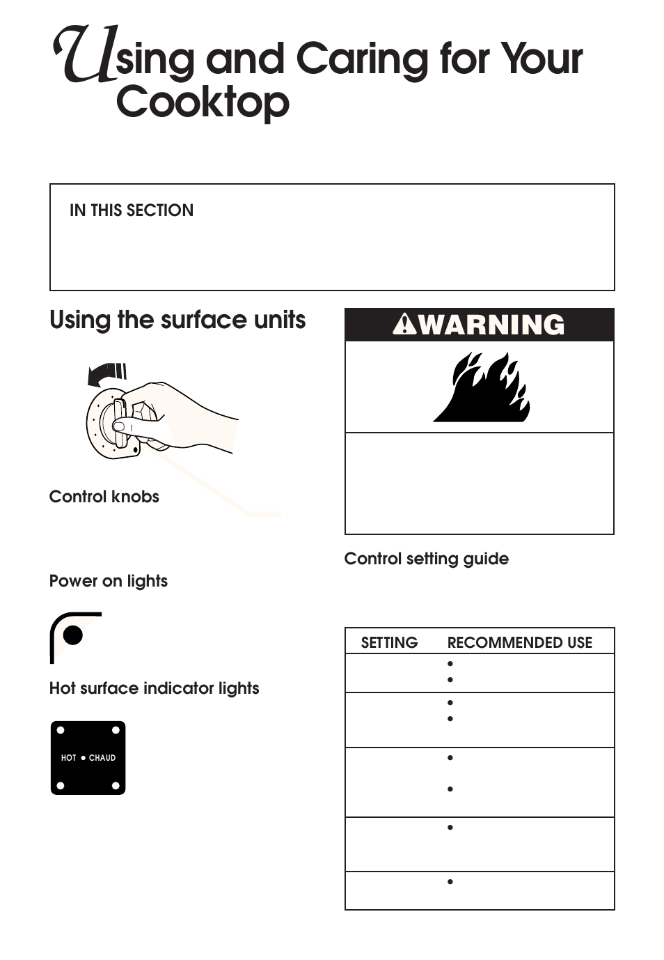 Using and caring for your cooktop, Using the surface units, Sing and caring for your cooktop | Wwarning, Control knobs, Power on lights, Hot surface indicator lights, Control setting guide | KITCHENAID KERH507 User Manual | Page 9 / 54