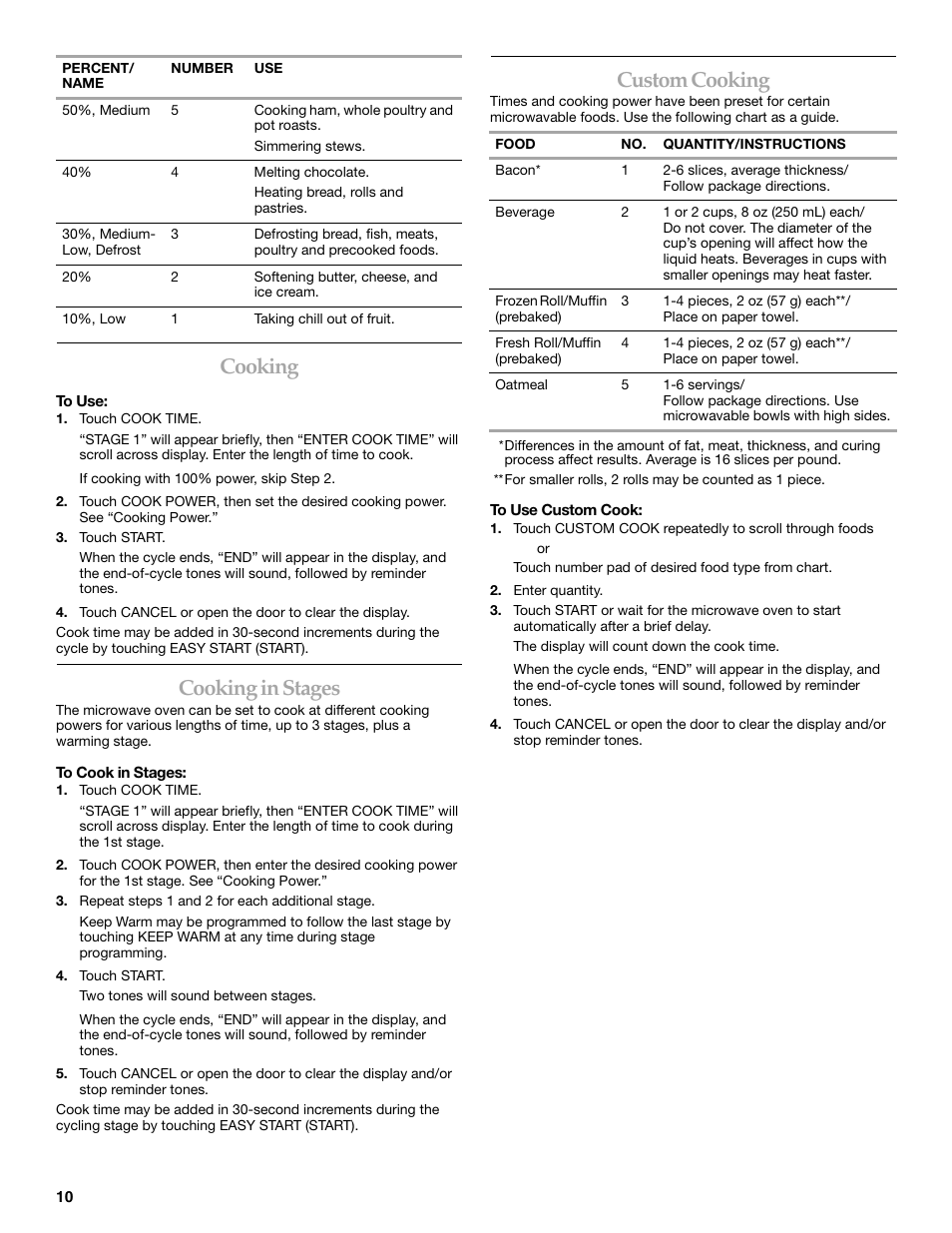 Cooking, Cooking in stages, Custom cooking | KITCHENAID KCMS1555R User Manual | Page 10 / 16