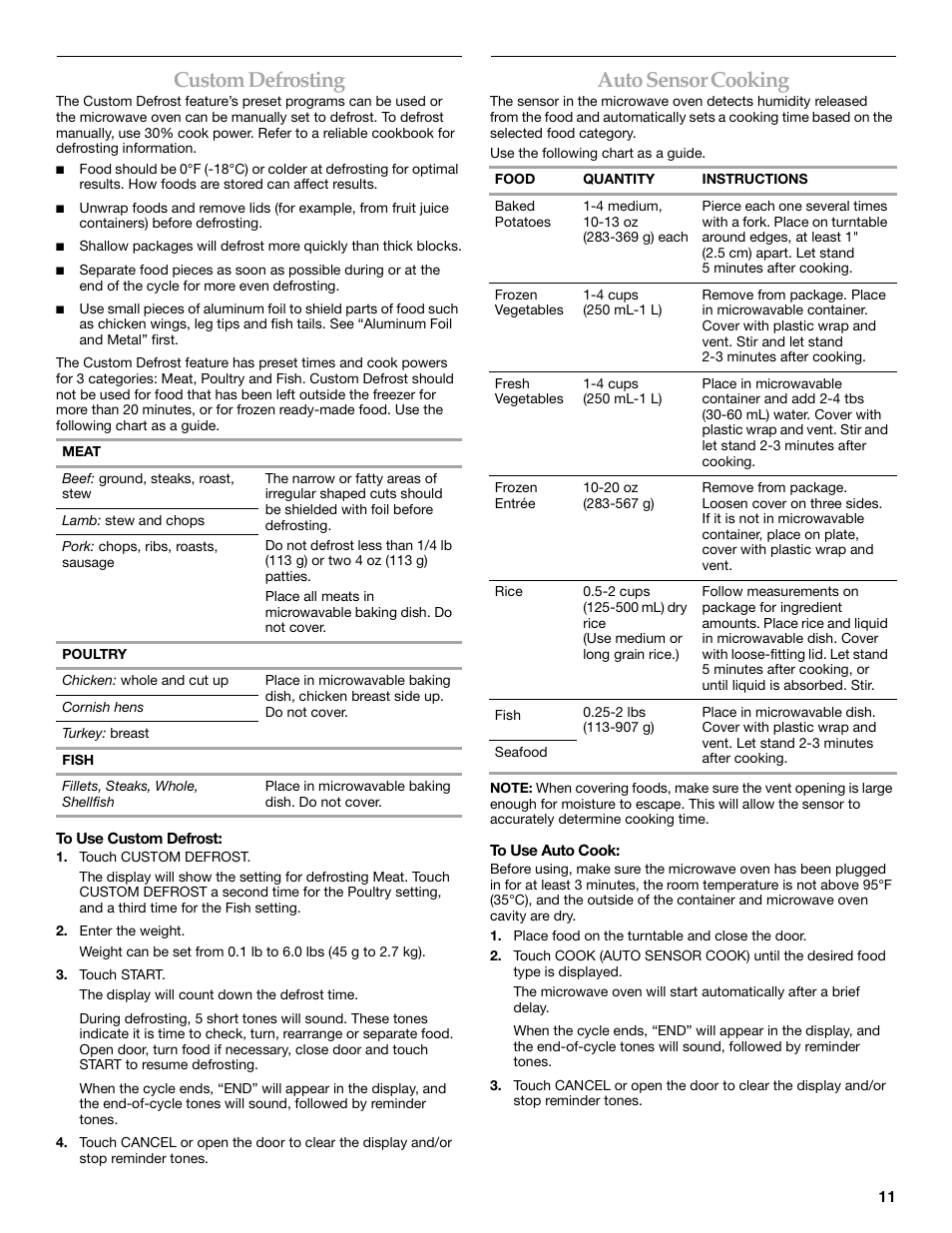 Custom defrosting, Auto sensor cooking | KITCHENAID KCMS1555R User Manual | Page 11 / 16