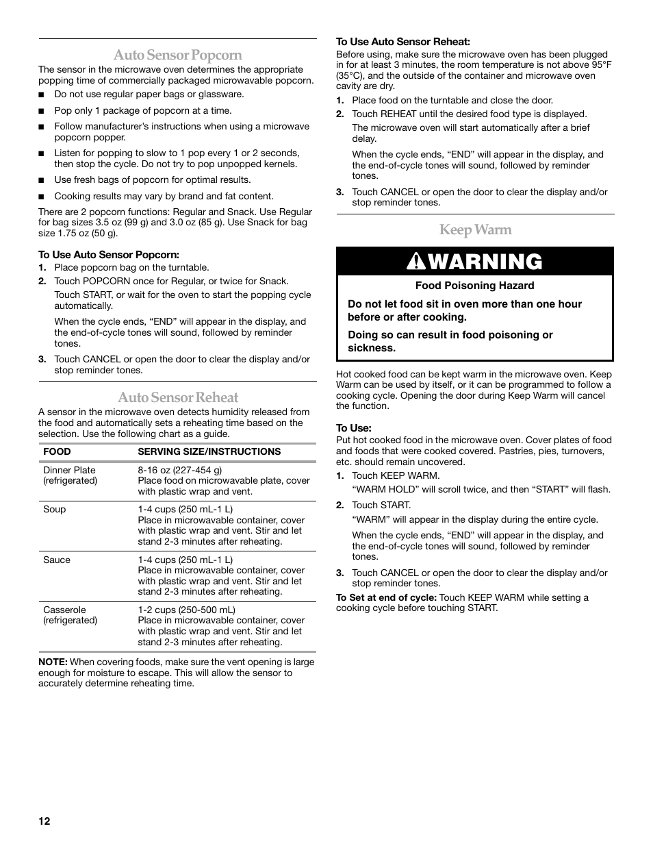 Warning, Auto sensor popcorn, Auto sensor reheat | Keep warm | KITCHENAID KCMS1555R User Manual | Page 12 / 16