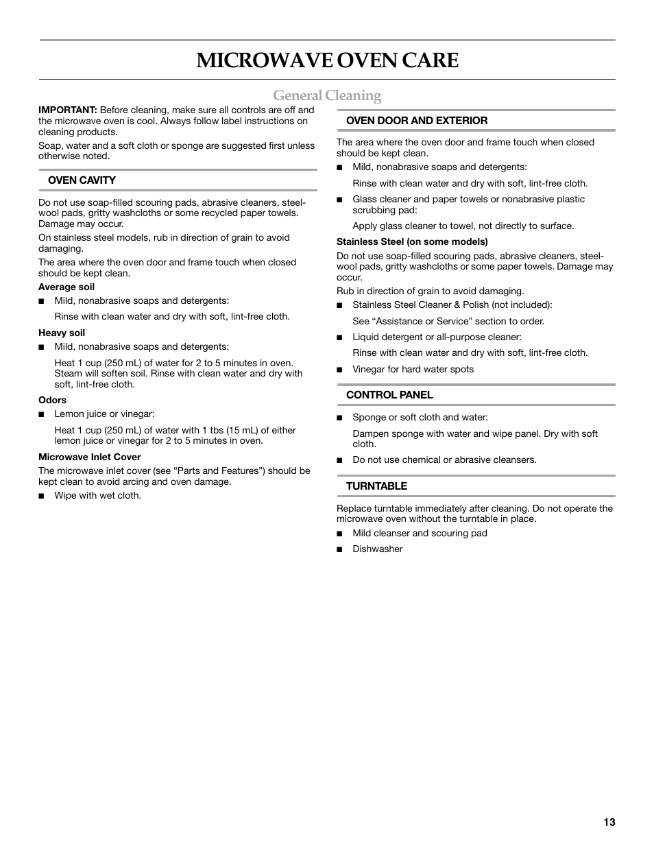 Microwave oven care, General cleaning | KITCHENAID KCMS1555R User Manual | Page 13 / 16
