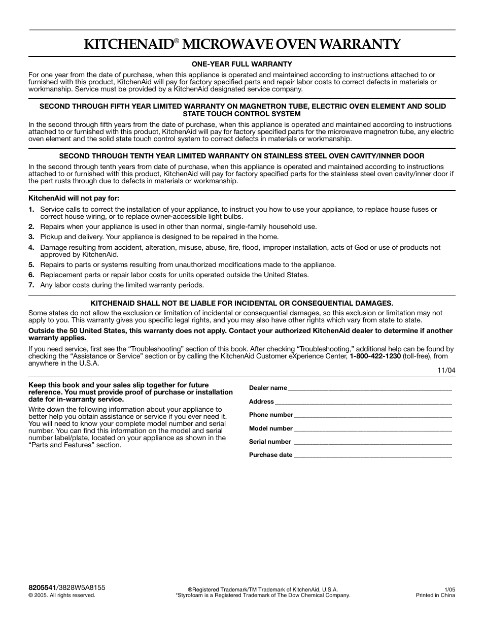 Kitchenaid, Microwave oven warranty | KITCHENAID KCMS1555R User Manual | Page 16 / 16