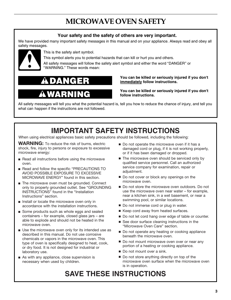 Microwave oven safety, Save these instructions, Important safety instructions | Warning | KITCHENAID KCMS1555R User Manual | Page 3 / 16