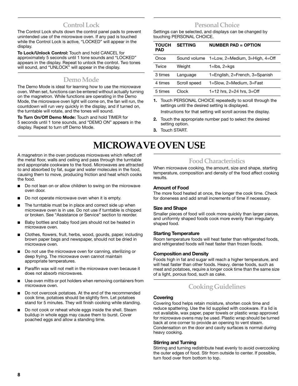 Microwave oven use, Control lock, Demo mode | Personal choice, Food characteristics, Cooking guidelines | KITCHENAID KCMS1555R User Manual | Page 8 / 16