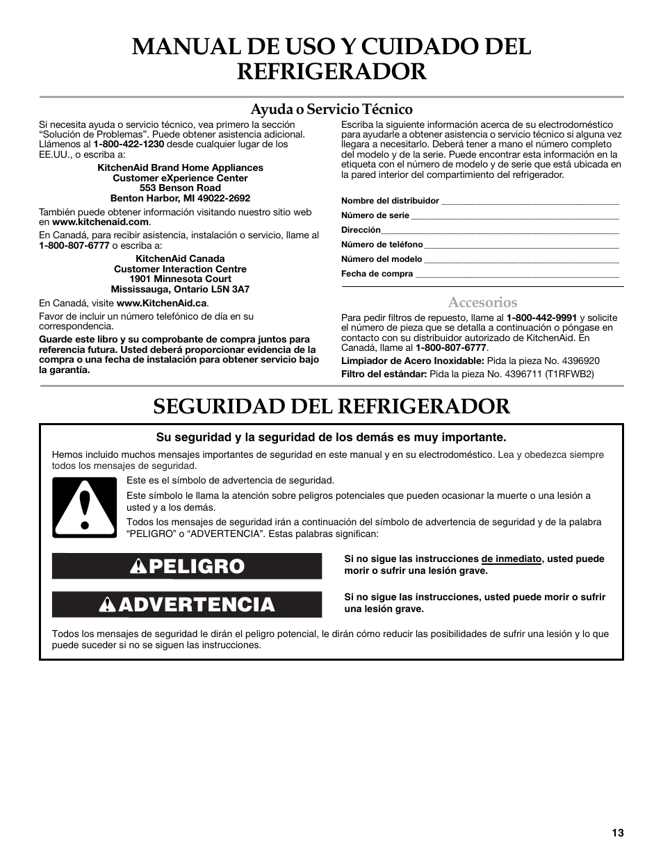 Manual de uso y cuidado del refrigerador, Seguridad del refrigerador, Advertencia peligro | Ayuda o servicio técnico, Accesorios | KITCHENAID 2318583 User Manual | Page 13 / 36