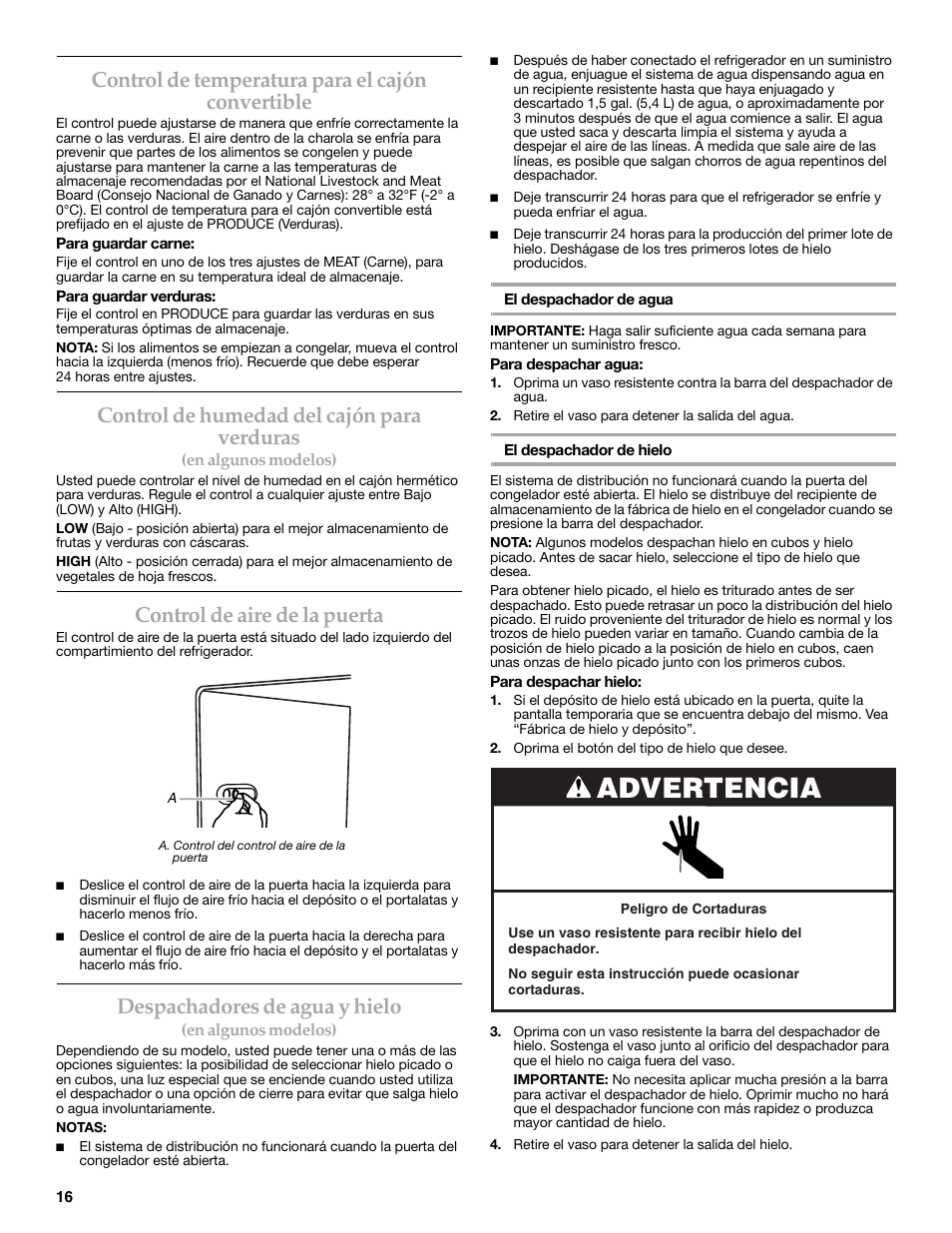 Advertencia, Control de temperatura para el cajón convertible, Control de humedad del cajón para verduras | Control de aire de la puerta, Despachadores de agua y hielo | KITCHENAID 2318583 User Manual | Page 16 / 36
