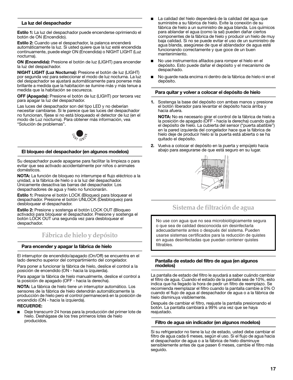 Fábrica de hielo y depósito, Sistema de filtración de agua | KITCHENAID 2318583 User Manual | Page 17 / 36