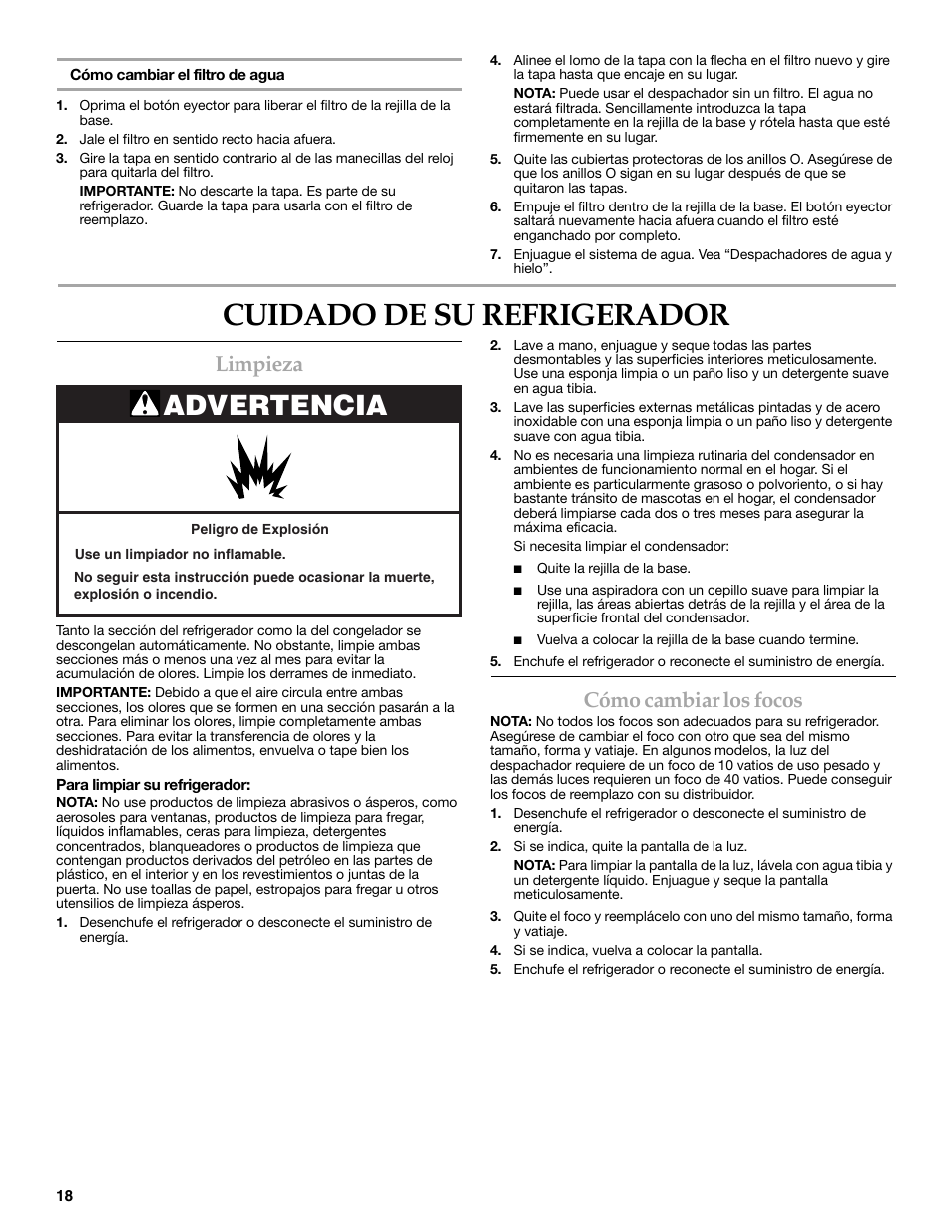 Cuidado de su refrigerador, Advertencia, Limpieza | Cómo cambiar los focos | KITCHENAID 2318583 User Manual | Page 18 / 36