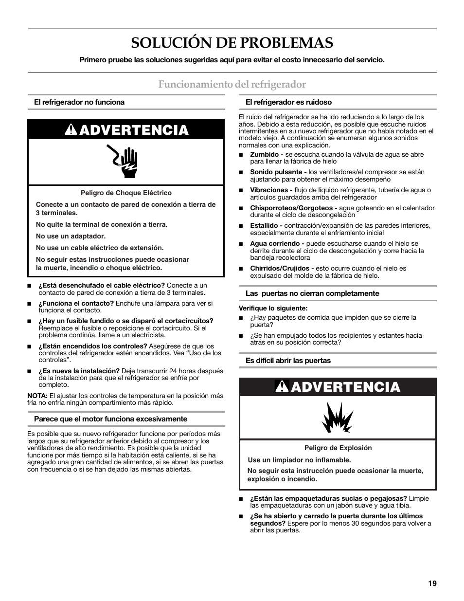 Solución de problemas, Advertencia, Funcionamiento del refrigerador | KITCHENAID 2318583 User Manual | Page 19 / 36